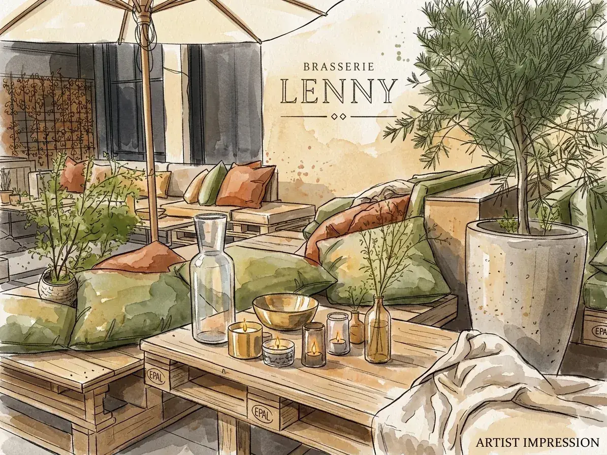 Loungehoek met olijfgroene kussens, brasseriedetails en olijfboom.