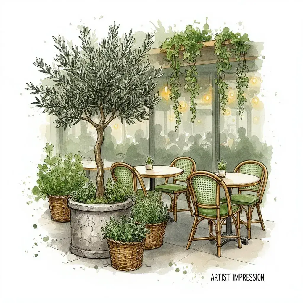 Brasserie terras met groen, rotanstoelen en Amsterdamse sfeer.