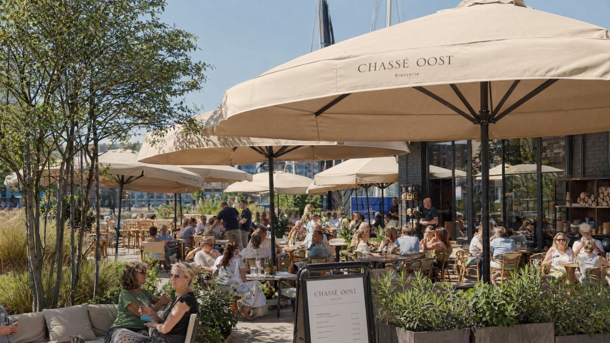Groene planten en parasols op een zonnig Amsterdams terras.